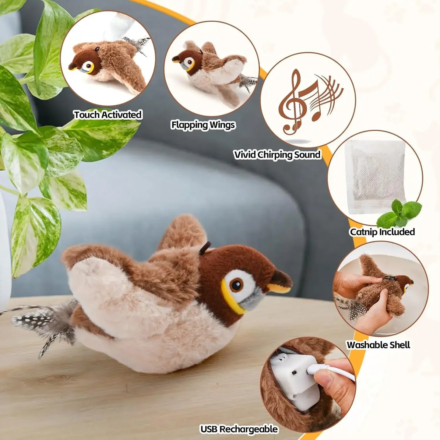FlutterBird — Rechargeable Flapping & Chirping Bird Cat Toy | Motion Activated | No Batteries Needed